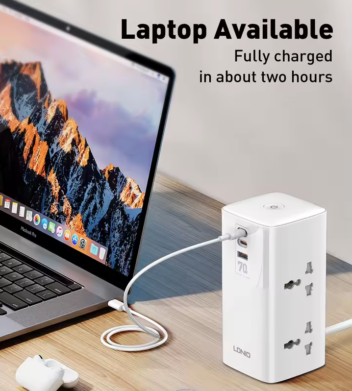 LDNIO Tower Mehrfachsteckdosen-Würfel, 4 Steckdosen, 70W Ladeanschlüsse, Netzfilter, UK/US/EU-Steckertyp zu Universaladapter