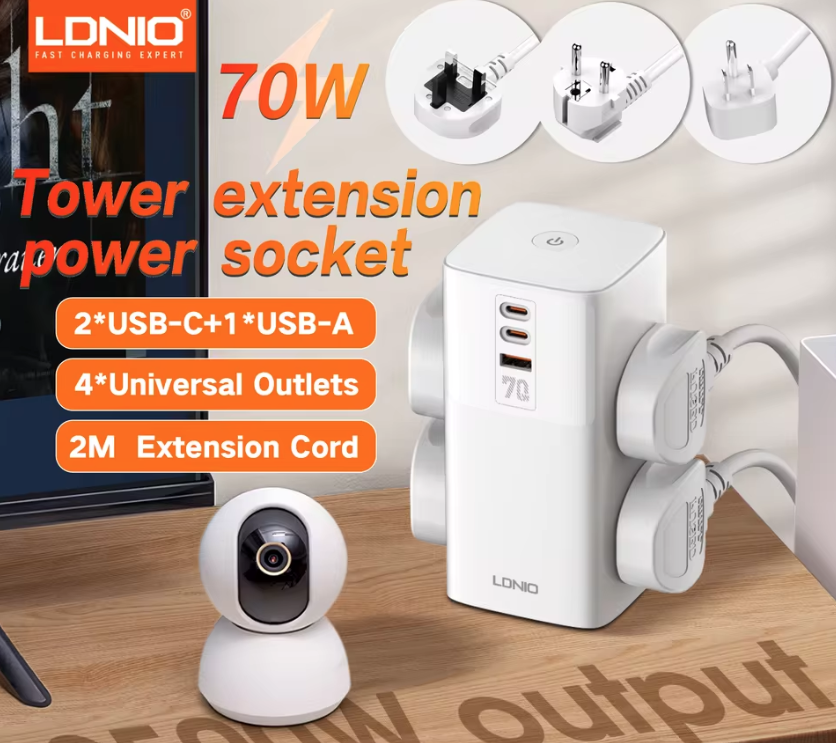LDNIO Tower Mehrfachsteckdosen-Würfel, 4 Steckdosen, 70W Ladeanschlüsse, Netzfilter, UK/US/EU-Steckertyp zu Universaladapter