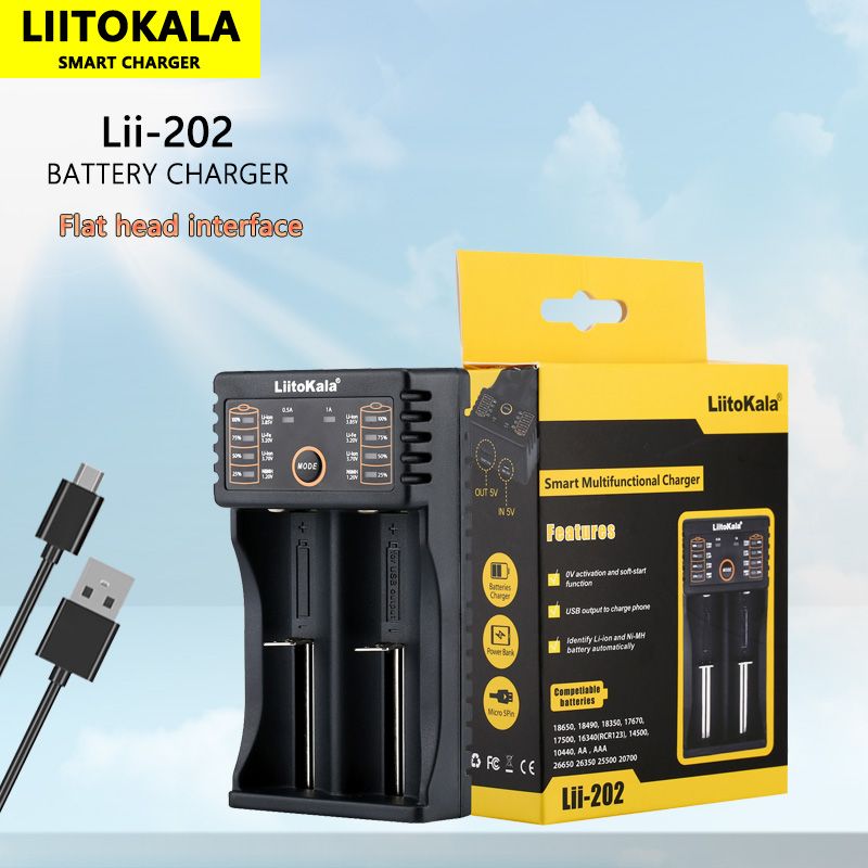 Liitokala Lii-202 Smart-Ladegerät für 18650 26650 21700 NiMH Lithium-Akkus mit zwei Kanälen und USB-Ausgang
