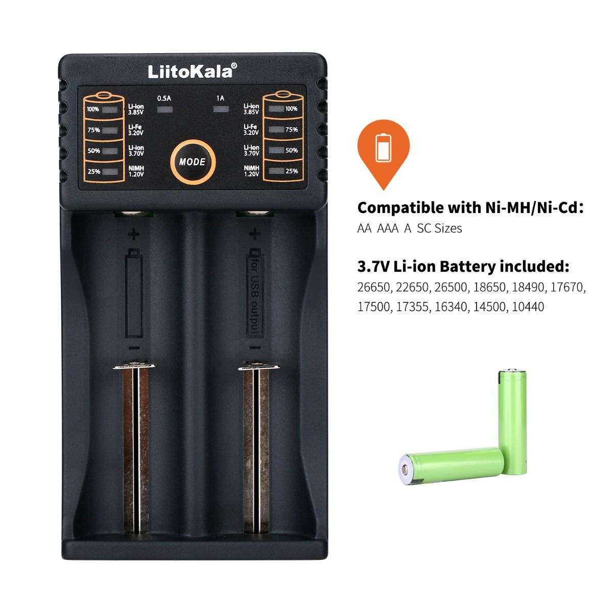Liitokala Lii-202 Smart-Ladegerät für 18650 26650 21700 NiMH Lithium-Akkus mit zwei Kanälen und USB-Ausgang