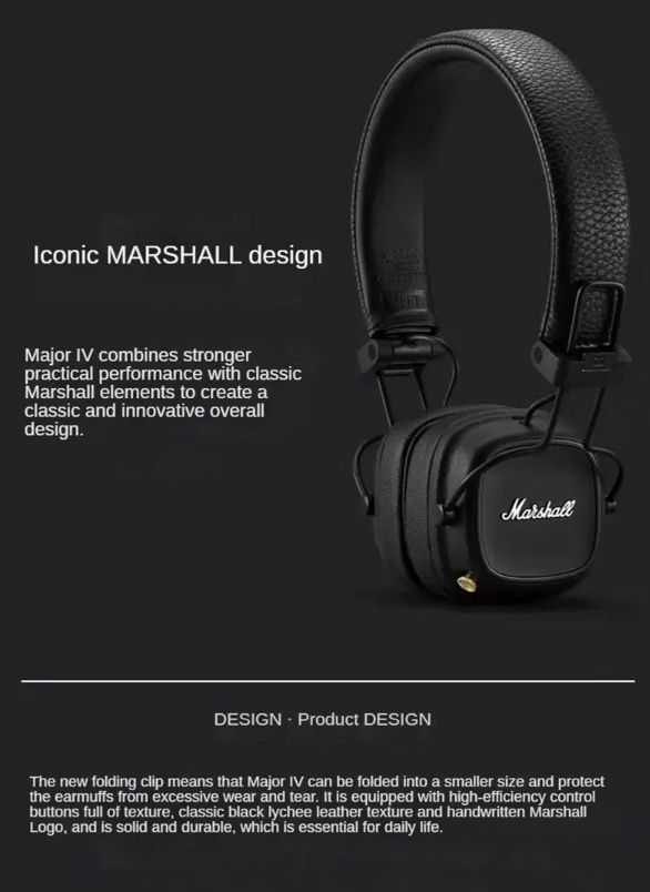 Marshall Major IV Bluetooth-Kopfhörer, klassische Ästhetik, Signature-Sound, tiefer Bass, kabelloses Laden