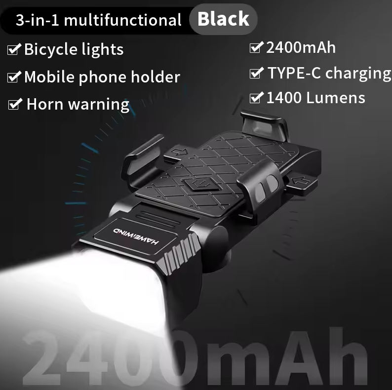 Fahrrad-Frontlicht mit Hupe & Handyhalter – Multifunktionale Handyhalter-Lampe, Fahrrad-Scheinwerfer, Fahrradzubehör