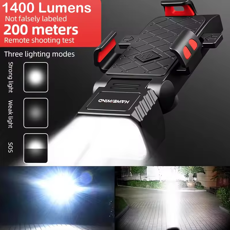 Fahrrad-Frontlicht mit Hupe & Handyhalter – Multifunktionale Handyhalter-Lampe, Fahrrad-Scheinwerfer, Fahrradzubehör