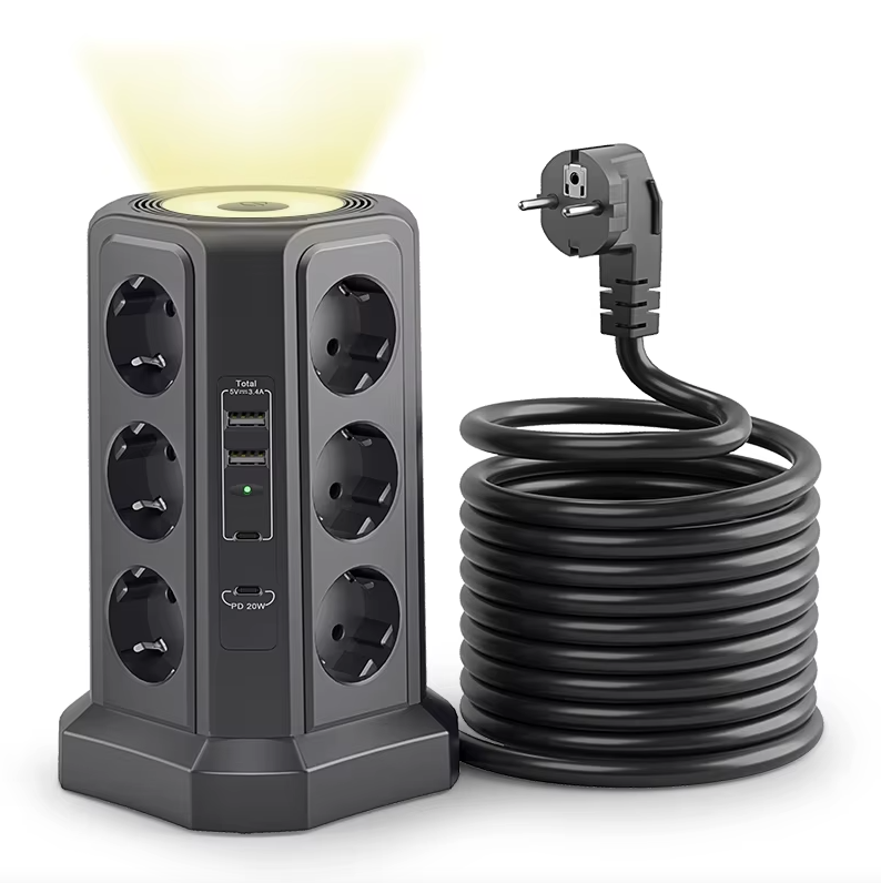 EU Mehrfachsteckdose Überspannungsschutz 4000W 16A mit USB-Anschluss, Mehrfachstecker mit Nachtlicht