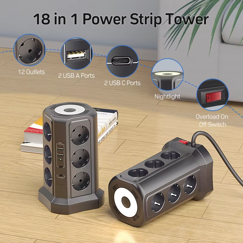 EU Mehrfachsteckdose Überspannungsschutz 4000W 16A mit USB-Anschluss, Mehrfachstecker mit Nachtlicht