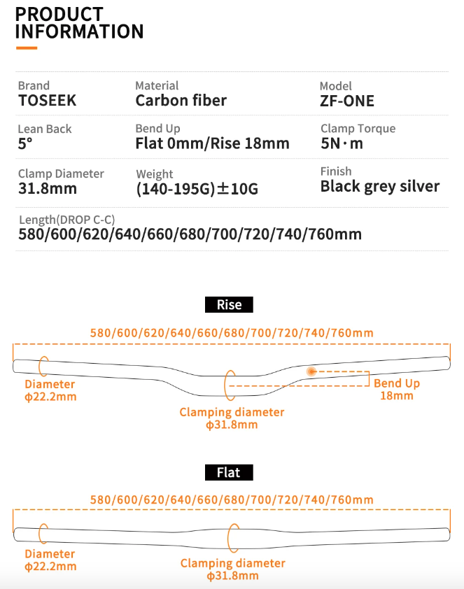 TOSEEK ZF-ONE MTB Carbon Lenker 31.8mm Leicht Matt Schwarz 580mm 760mm Ergonomisches Design Premium Qualität