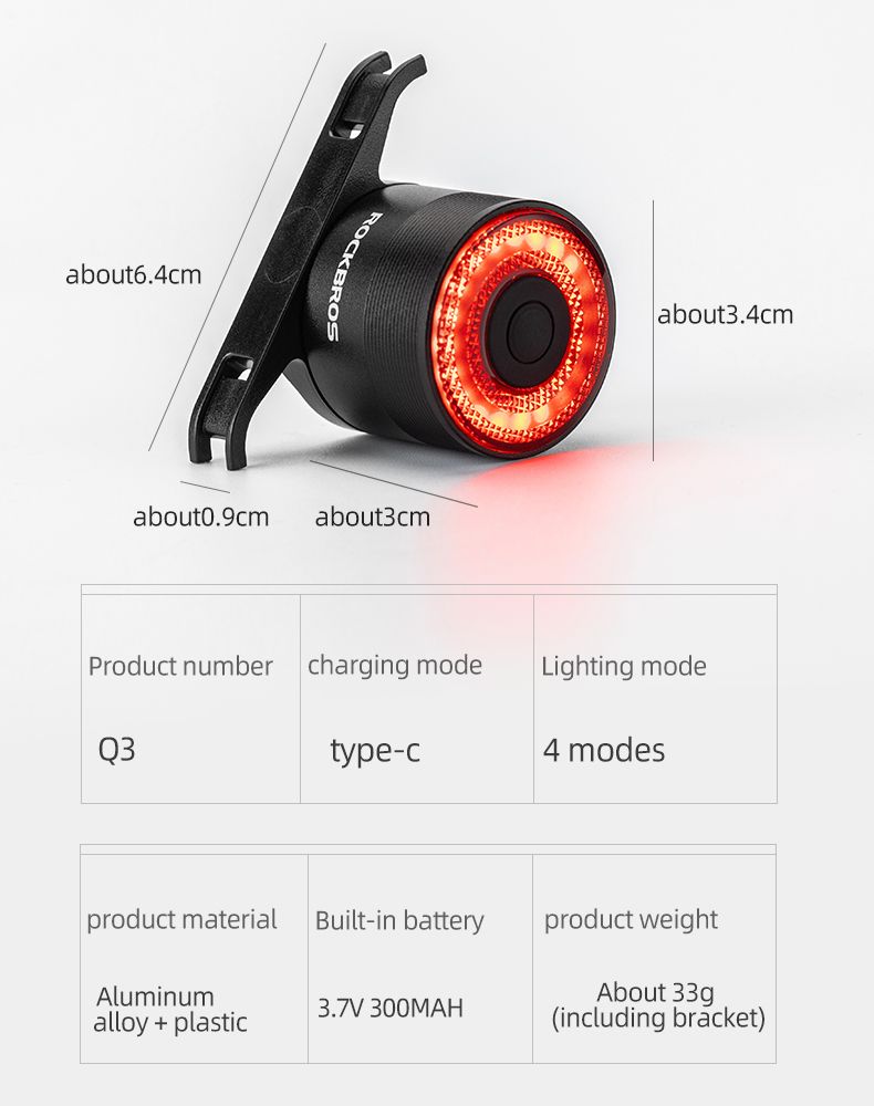 ROCKBROS Q3 Fahrradrücklicht mit intelligentem Bremssensor, IPX6 wasserdicht, für Sicherheit beim MTB und Straßenradfahren