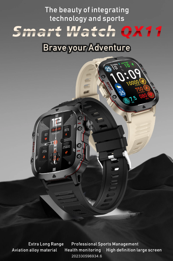 QX11 Smartwatch für Herren IP68 5ATM Outdoor Sport Fitness Tracker Gesundheitsmonitor 1,96" BT Anruf Smartwatch