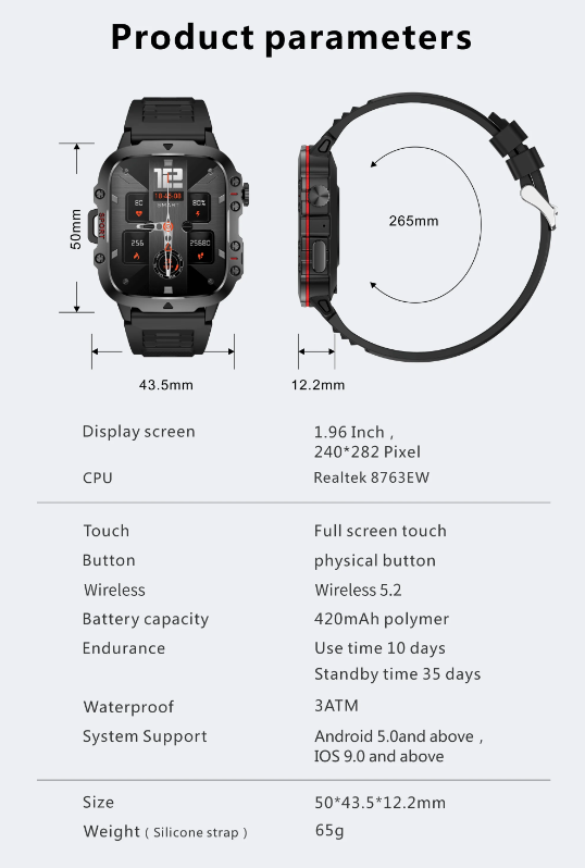QX11 Smartwatch für Herren IP68 5ATM Outdoor Sport Fitness Tracker Gesundheitsmonitor 1,96" BT Anruf Smartwatch