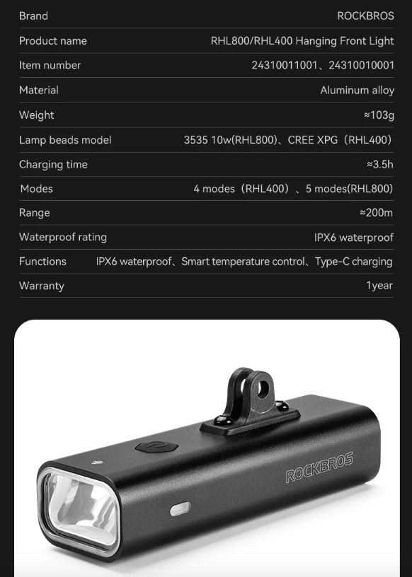 ROCKBROS RHL-1000LUMEN Fahrrad-Frontlicht 1000 Lumen Aluminiumlegierung regendicht Typ-C wiederaufladbar