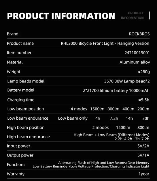 ROCKBROS RHL3000 Fahrradlicht 3000 Lumen wasserdicht MTB Rennrad Fahrradzubehör wiederaufladbar Aluminium