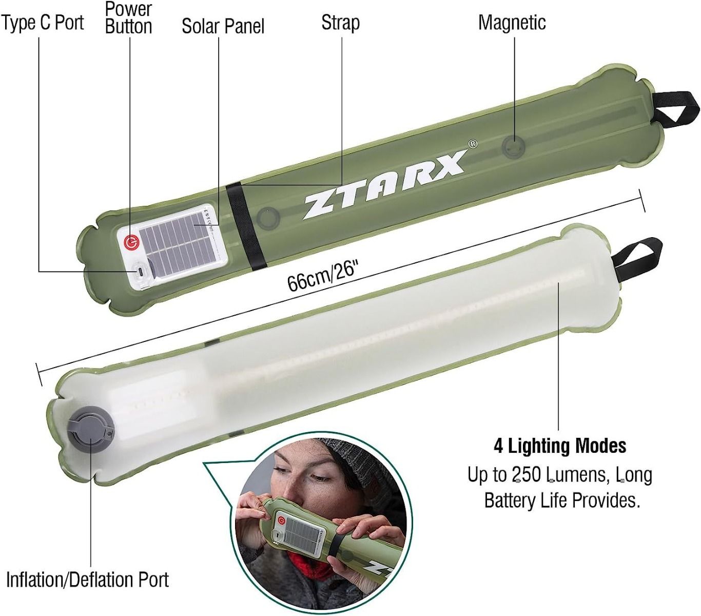 ZTARX aufblasbare Solar-Campinglaterne, IP66 wasserdicht, faltbares Magnet-Fülllicht, tragbare und leichte Zeltleuchte