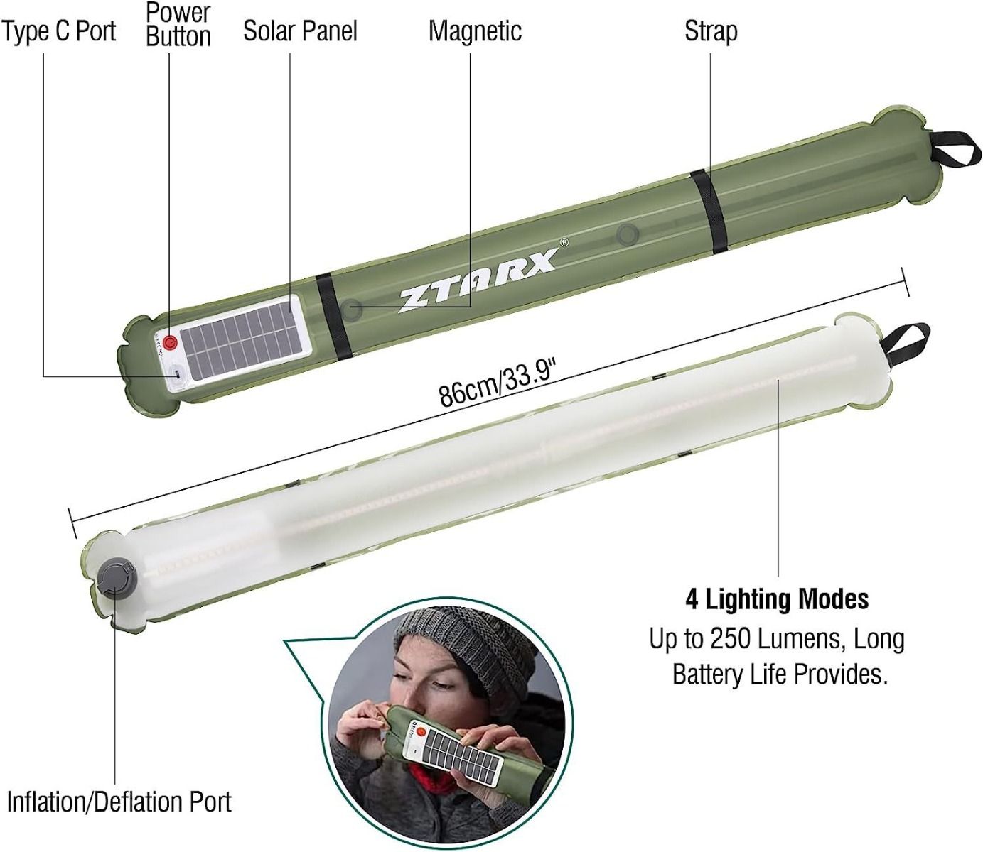 ZTARX aufblasbare Solar-Campinglaterne, IP66 wasserdicht, faltbares Magnet-Fülllicht, tragbare und leichte Zeltleuchte
