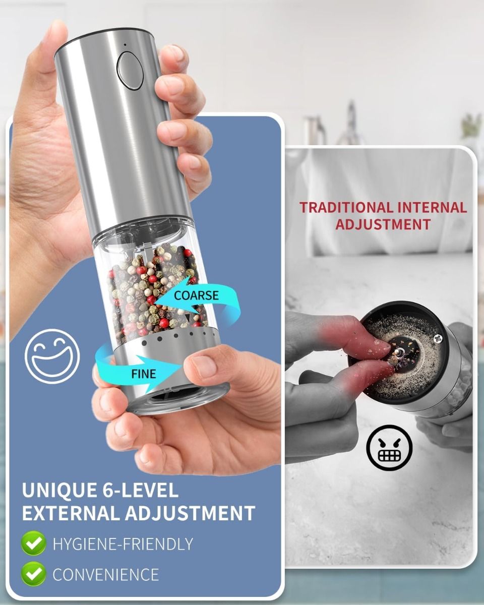 2-Gang Wiederaufladbare Gewürzmühle: Edelstahl Salz- & Pfeffermühlen-Set mit Ladestation