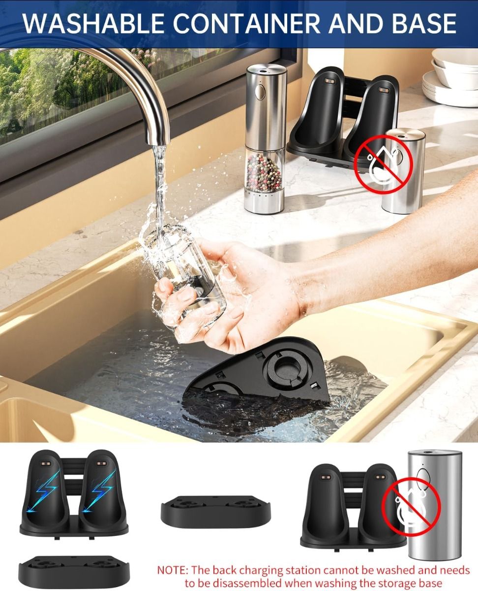 2-Gang Wiederaufladbare Gewürzmühle: Edelstahl Salz- & Pfeffermühlen-Set mit Ladestation