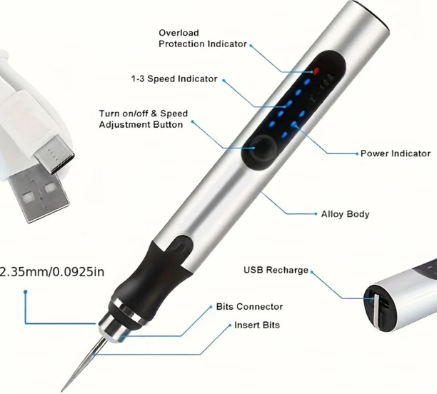 USB-Aufladbarer Gravierstift mit 35 Bits, Mini-Elektrogravur-Ätzmaschine, kabelloses Rotationswerkzeug, graviert Schmuck, Stein, Metall, Kunststoff, Holz, Harz, Modell