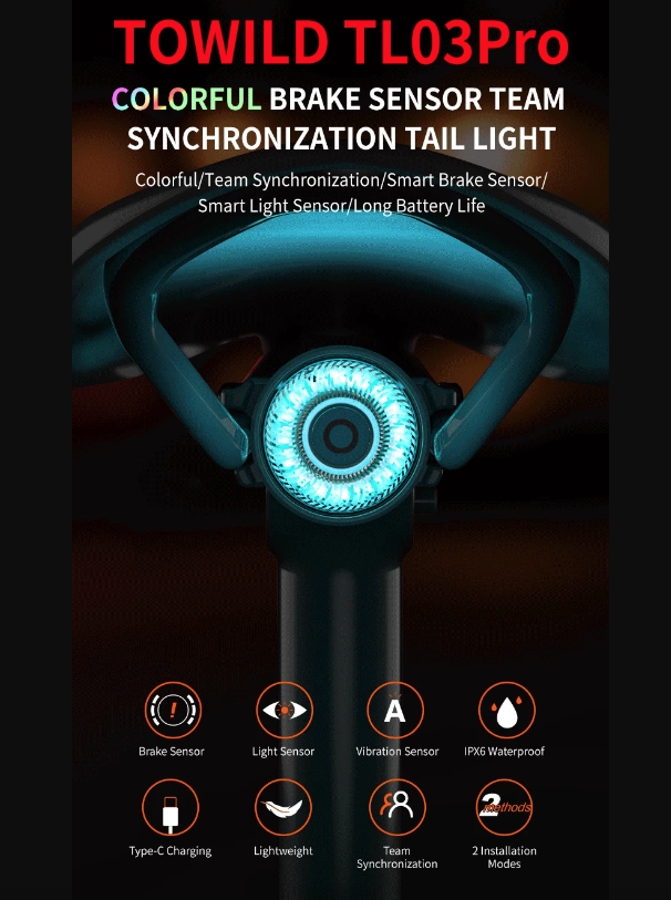 TOWILD TL03Pro LED Fahrrad Rücklicht mit intelligentem Bremssensor, siebenfarbiges Blinklicht, langlebiges Fahrradzubehör