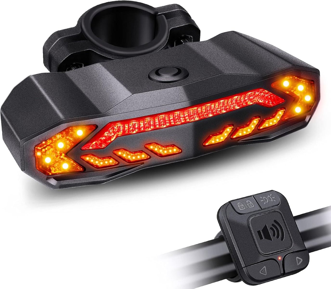 Smartes 5-in-1 Fahrradrücklicht mit Blinkanlage, Hupe & Diebstahlschutz. Automatische Blinker, USB.