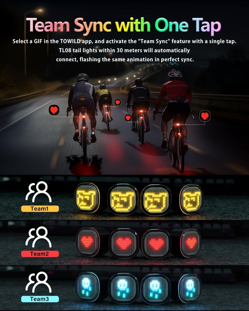 TOWILD TL08 Fahrrad-Rücklicht, individuell anpassbare Muster, vollfarbiges Fahrrad-Rücklicht, Bremserkennung, USB-C wiederaufladbares Fahrrad-Rücklicht
