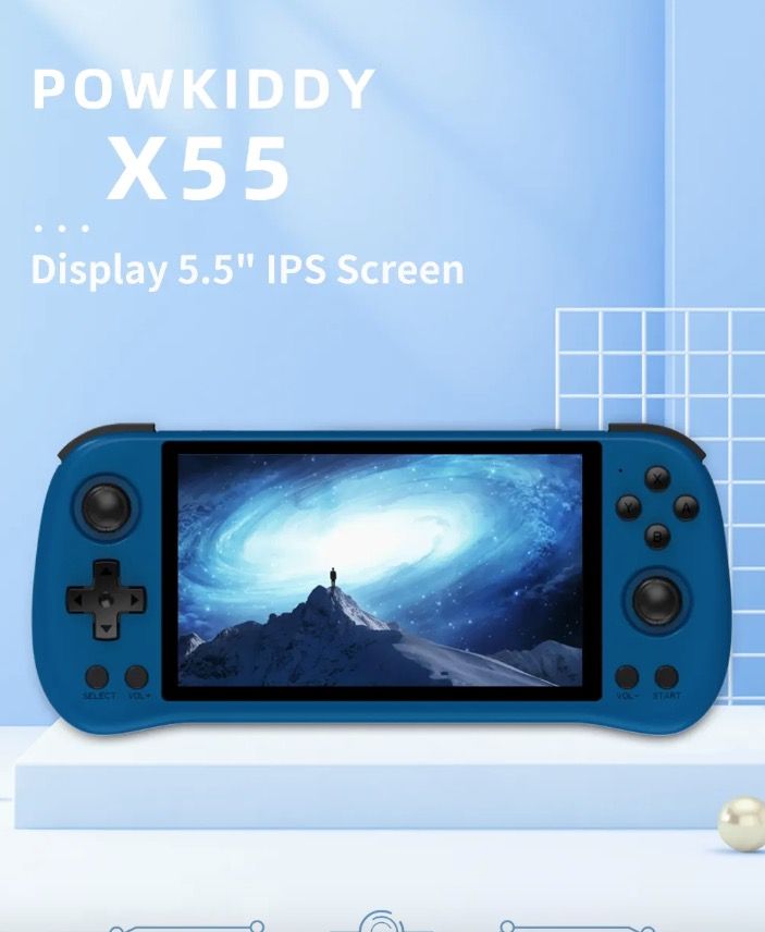 Entdecken Sie die POWKIDDY X55 Retro-Gaming Handheld-Spielkonsole mit 5.5 Zoll Bildschirm und RK3566 Prozessor